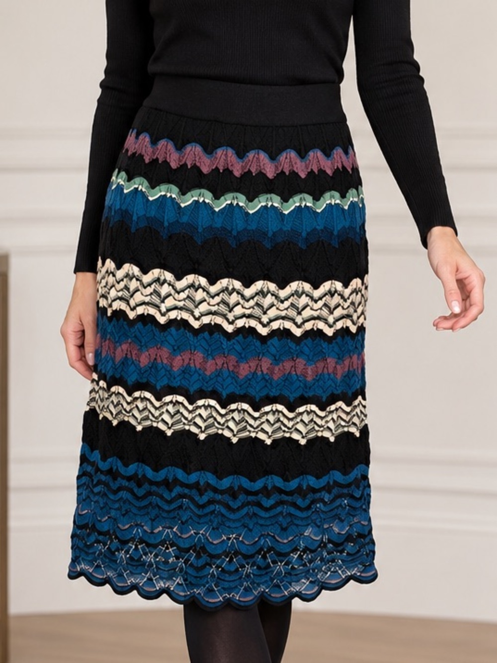 Missoni Wavy Zigzag Stripe Knit Midi Skirt in Black Cream and Teal